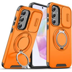 for Samsung S25 FE Case with Slide Camera Cover and Rotating Kickstand Ring, Slim Magnetic Shockproof Accessories Phone Case for Samsung Galaxy S25 FE (Orange)