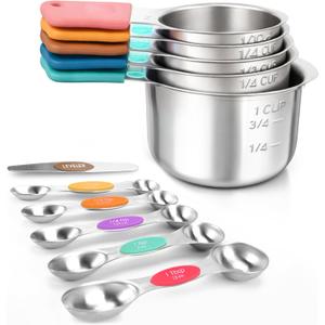 DIYORA Magnetic Measuring Cups and Spoons Set, 13-Piece 304 Stainless Steel Measuring Set with Leveler, Mini Whisk, Conversion Chart, Double-Sided Spoons for Baking and Cooking