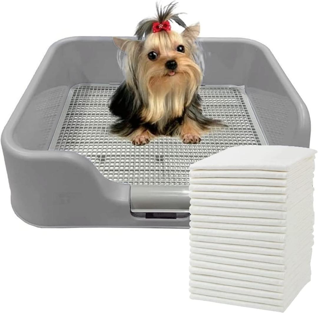 Indoor Dog Potty Tray with Protection Wall Every Side for No Leak, Spill, Accident - Keep Paws Dry and Floors Clean (Tray+Pad, Grey)