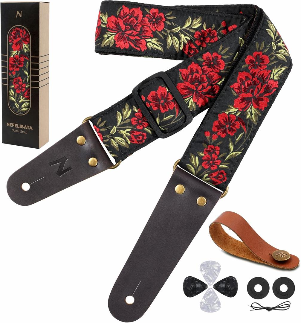 Nefelibata Guitar Strap, 2" Cotton Embroidery Guitar Straps, Full Grain Leather Ends with Invisible Pocket, for Bass, Electric and Acoustic Guitars, Strap Button, Strap Locks and Guitar Picks (Red Rose)