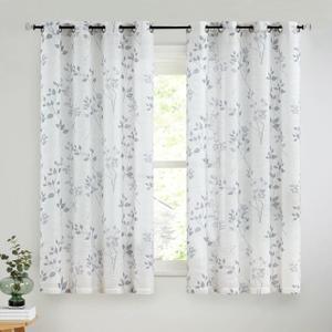 Beauoop Floral Linen Semi Sheer Curtains 63 Inch Length 2 Panels for Living Room Bedroom Grey Farmhouse Flower Patterned Light Filtering Textured Grommet Top Window Treatments Drapes, 50x63, 2 Set