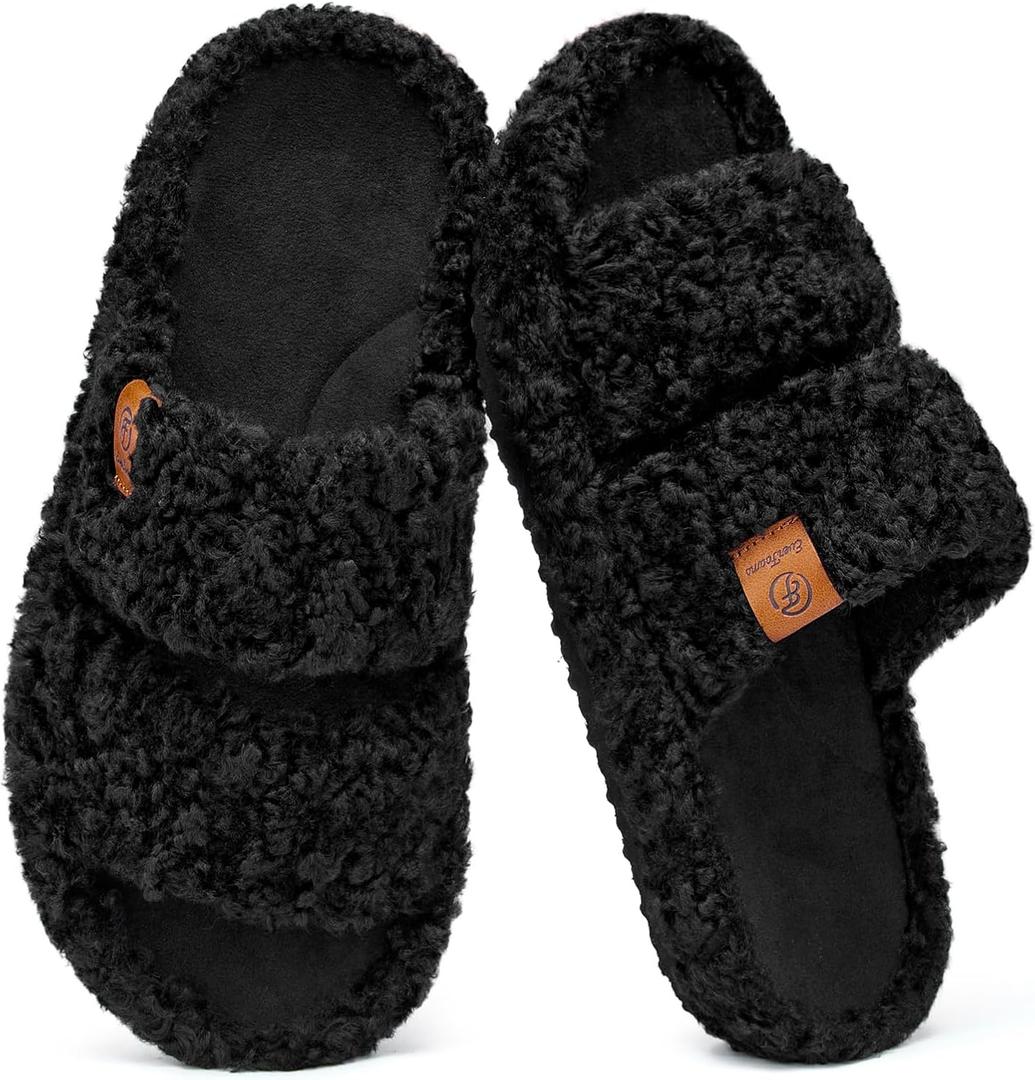 EverFoams Womens Fuzzy Open-toe Slippers Soft Comfy Memory Foam Indoor House Shoes (7-8, Matt Black)