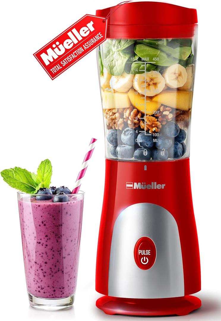 Mueller Smoothie Blender for Smoothies - Personal Blender for Shakes, Frozen Drinks, Baby Food & More, 15oz Travel Cup and Lid, Durable Stainless Steel Blades for Powerful Blending Performance, Red