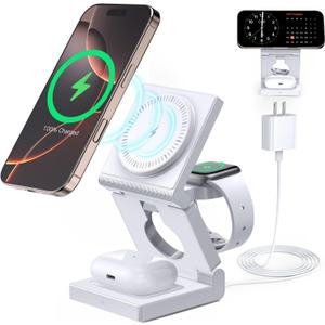3 in 1 Wireless Charging Station for Apple Multiple Devices - Foldable Magnetic Wireless Charger Dock -Travel 18W Charging Pad for iPhone 17 16 15 14 13 12 Pro/Pro Max/Plus/Watch & Airpods All Series (White)