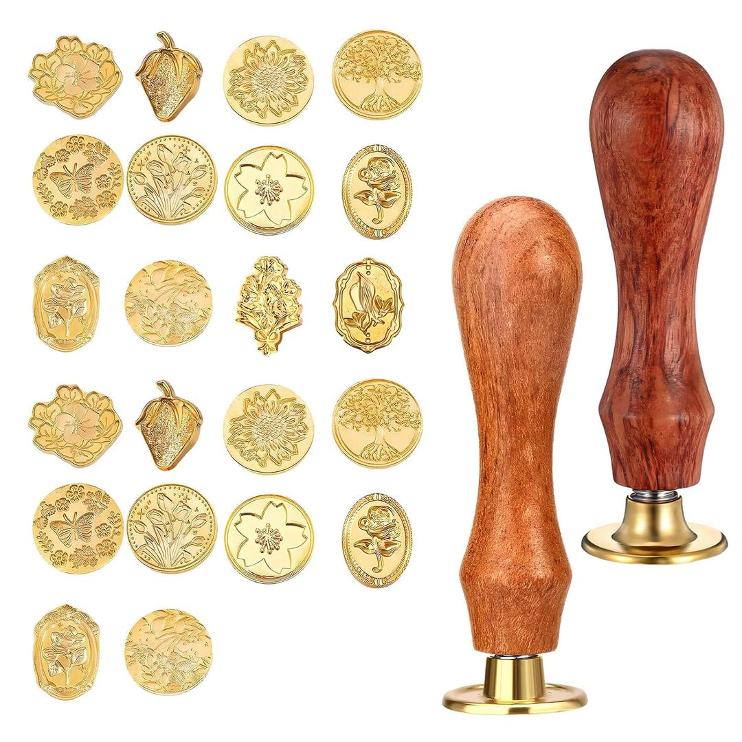 Wax Seal Stamp Kit, Mini Letter Seals Stamps for Sealing, Vintage Brass Stamp Head with Various Patterns for Wedding Invitation Gift Wrap Envelopes Christmas Card (22pcs, Gold)