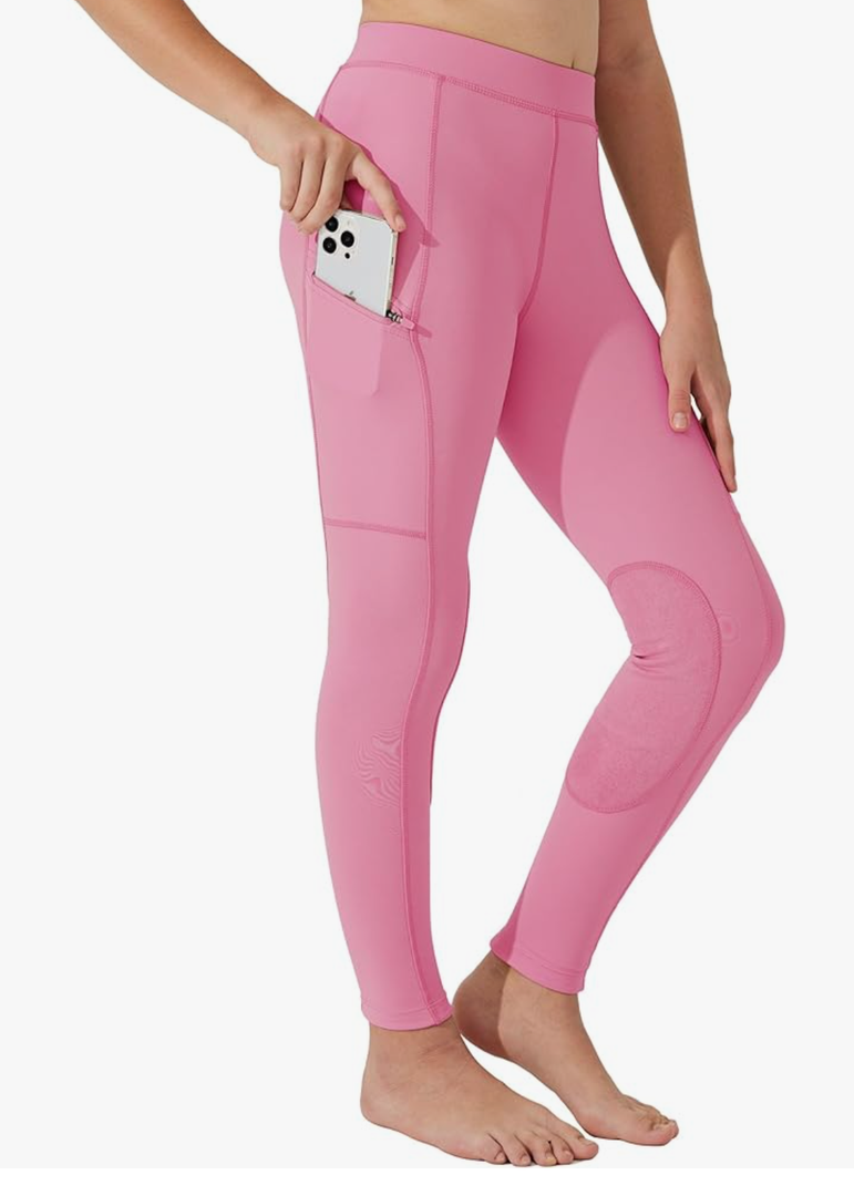 Willit Girls Horse Riding Pants Tights Kids Equestrian Breeches Knee-Patch Youth Schooling Tights Zipper Pockets Rose L