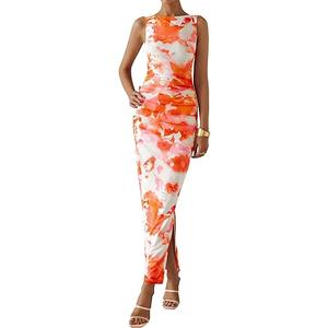Womens Bodycon Summer Dresses 2025 Sleeveless Floral Mesh Maxi Dress Side Slit Ruched Long Party Cocktail Dresses, Size M, Light Orange