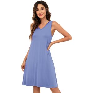 WiWi Nightgown for Women Super Soft Sleeveless Sleepwear Cool V-neck Sleep Shirts Bamboo Viscose Pj Gown S-4X (A-fog Blue)