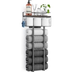 Large Towel Rack & Bathroom Towel Holder - Wall Mounted Metal Rack with Wooden Floating Shelf, Small Bathroom Towel Storage, Easy Holds 6 Large Rolled Towels, Black with Brown Plank (XL (31"))