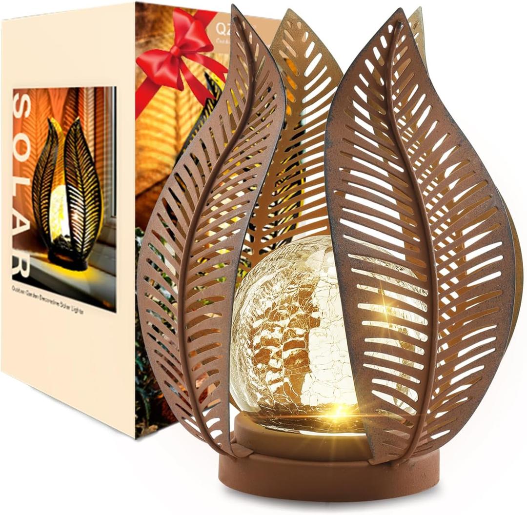 Solar Outdoor Lights Garden Decor Waterproof Crackle Glass Globe,Metal Yard Art Outdoor Solar Garden Lights for Decor Yard,Porch,Patio Decorations.Gardening Gifts for Women/Mom. (Rust)