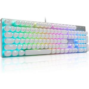 HUO JI E-Yooso Z-88 Wired Typewriter Style Mechanical Gaming Keyboard, Programmable RGB Backlit, Blue Switches - Clicky, USB-C Cable, Metal Panel, 104 Double-Shot Keycaps for PC, White