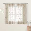HOMEIDEAS Taupe Sheer Kitchen Curtains 52 x 45 Inch Length 2 Panels Beige Embroidered Leaf Pattern Short Curtains for Bedroom Half Small Window Rod Pocket Tiers