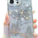 Compatible for iPhone 14 Pro Max Case with Luxury Glitter Plating Cute Butterfly Rhinestone Sparkly Design Aesthetic Women Girls Shiny Bling Camera Protective Cover-Sliver