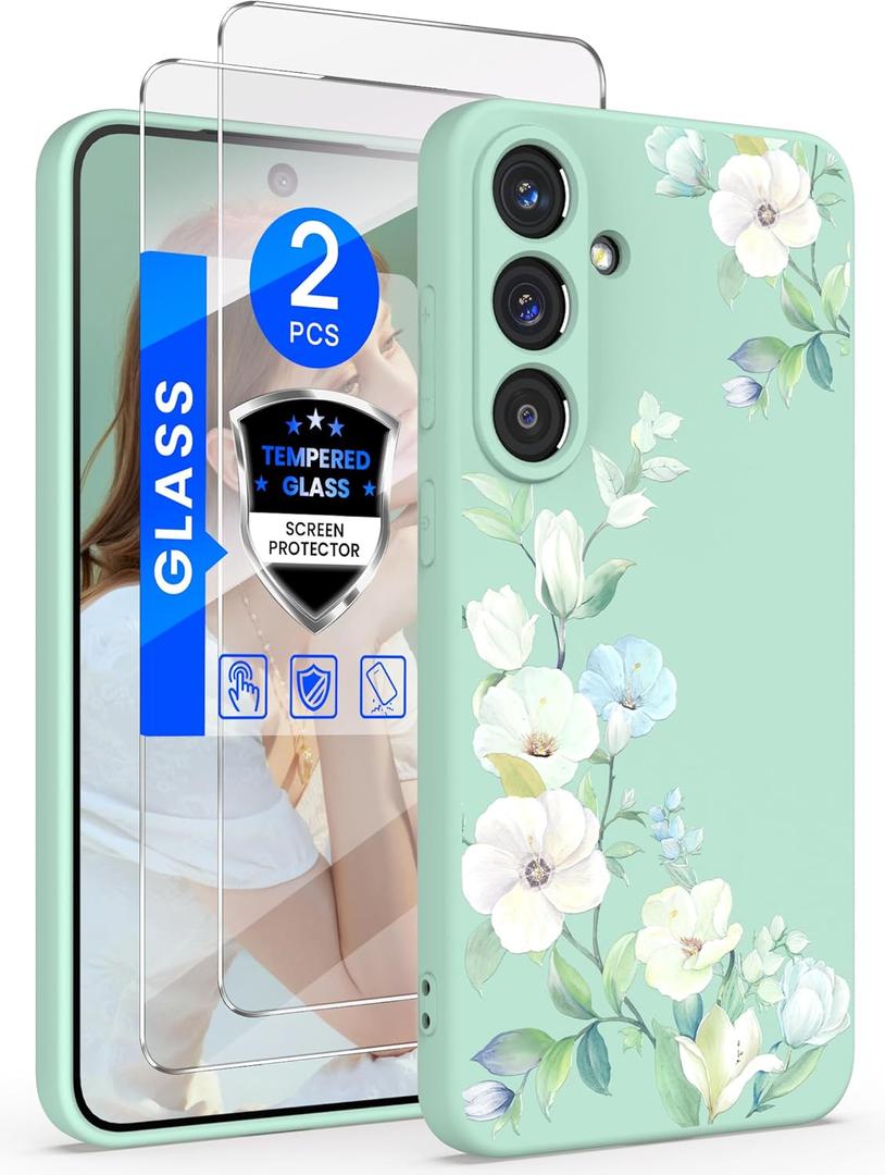 for Samsung Galaxy S25 5G Case, Girls Women Florals Liquid Silicone Phone Case, Shockproof Anti-Scratch Soft Protection Case with Screen Protectors (Hibiscus)