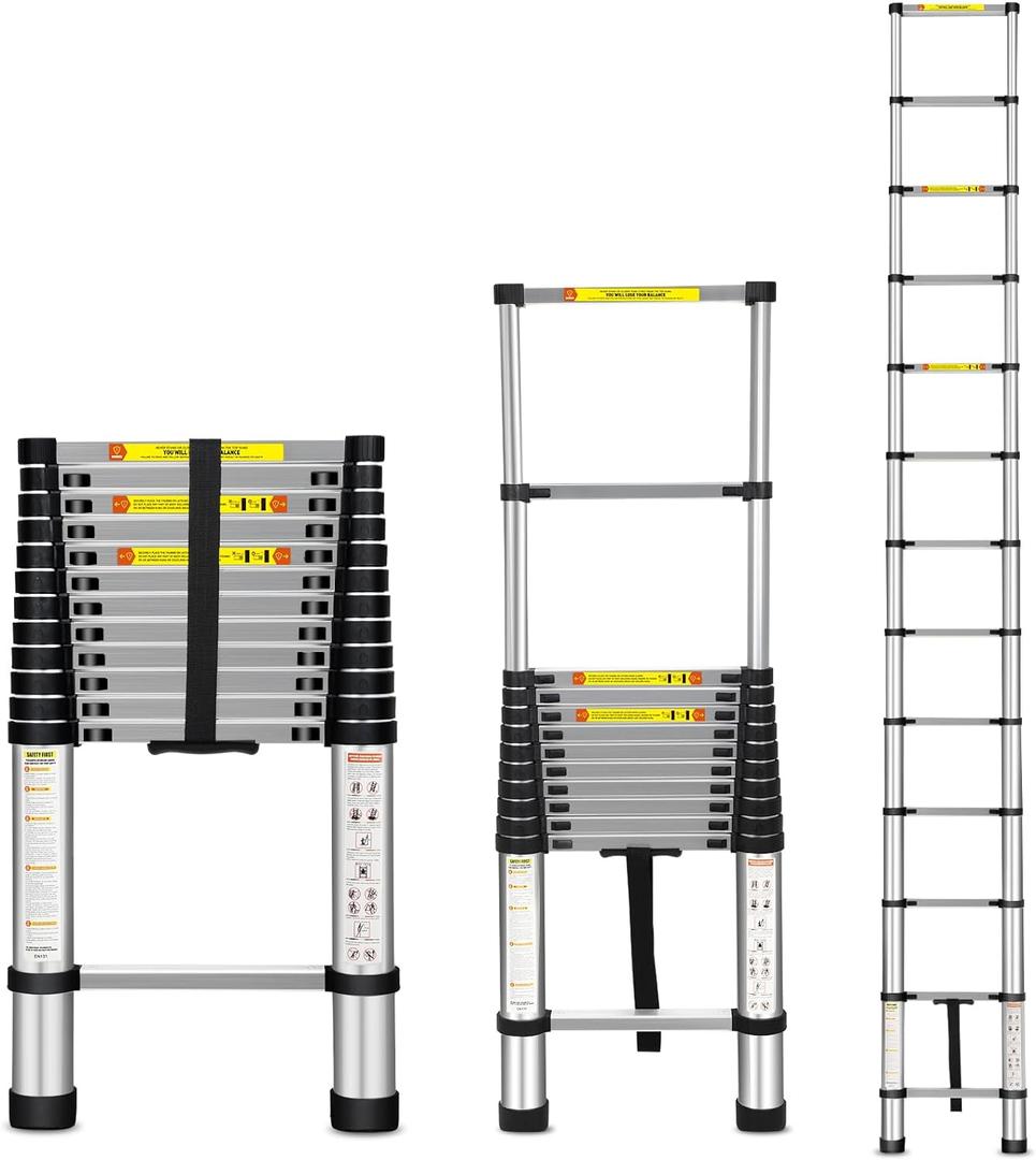 Telescoping Ladder, 12.5FT Aluminum Telescopic Extension Ladder with Non-Slip Feet, Multi-Purpose Collapsible Ladder for RV or Outdoor Work,330lbs Capacity