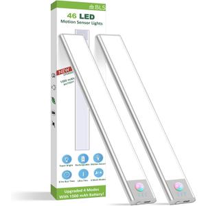 BLS Under Cabinet Lights, 46 LED lights Battery Operated Motion Sensor Light Indoor, USB C Rechargeable Closet Lights Motion Sensored, 1500mah Wireless Magnetic Light for Kitchen Night Stairs (2 Pack)