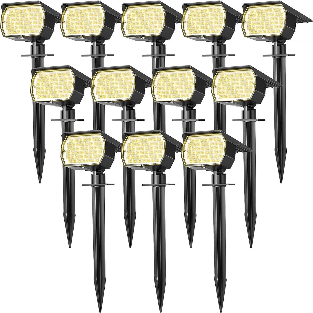 WENATY Solar Spot Lights Outdoor Waterproof IP65, 12 Pack Landscape Spotlights with 46 LEDs, 3 Modes Auto On/Off Solar Powered Flood Lights for Outside Pathway, Yard, Garden, Walkway (Warm White)