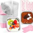 60 Pack Mini Cake Pans with Lids Foil Pans Square Aluminum Pans with Lids Cupcake Liners for Birthday Wedding Mothers Day Party Favors Gift (Pink, 5 oz)
