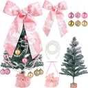35.5 Inch Coquette Christmas Tree Table Decor Love DIY Mini Snowflake Xmas Tree Craft with Pink Bow Topper Balls Pearls for Girl Home Office Decoration