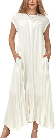 KEOMUD Women Summer Pleated Maxi Dress Casual Short Sleeve Crewneck Flowy Swing Long Dress with Pockets (L, White)