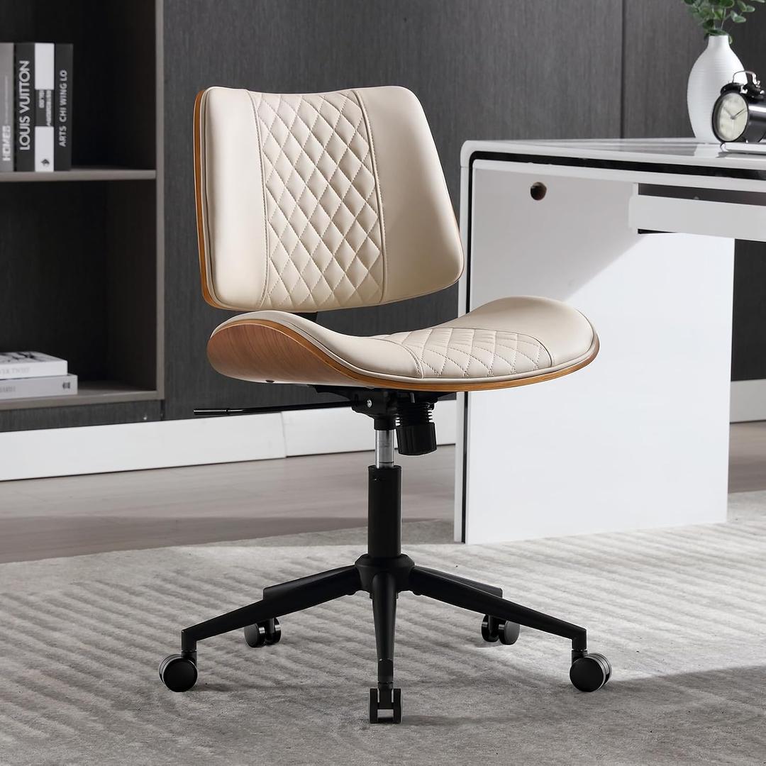 Home Office Chair No Arms with Wheels, Adjustable Height Small Desk Chair, PU Leather Mid Back 360 Swivel Computer Chair, Armless Modern Walnut Chair for Office, Reading Meeting Room(Beige), Mcm Style