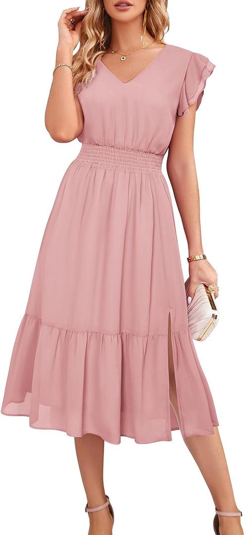 GRACE KARIN Women 2023 Summer Dress Midi Dress Gold Dots V Neck Ruffle Cap Sleeve Flowy Split Tiered A-Line Wedding Guest Dress Light Pink M (Pink)