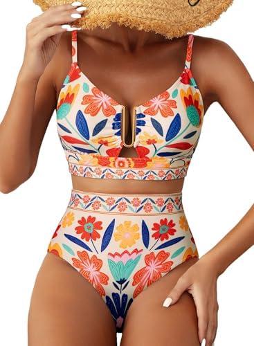 Herseas Womens 2 Piece High Waisted U Wire Bikini Set Floral Print Swimsuit Crisscross Back Bathing Suit Beach Swimwear, Size L