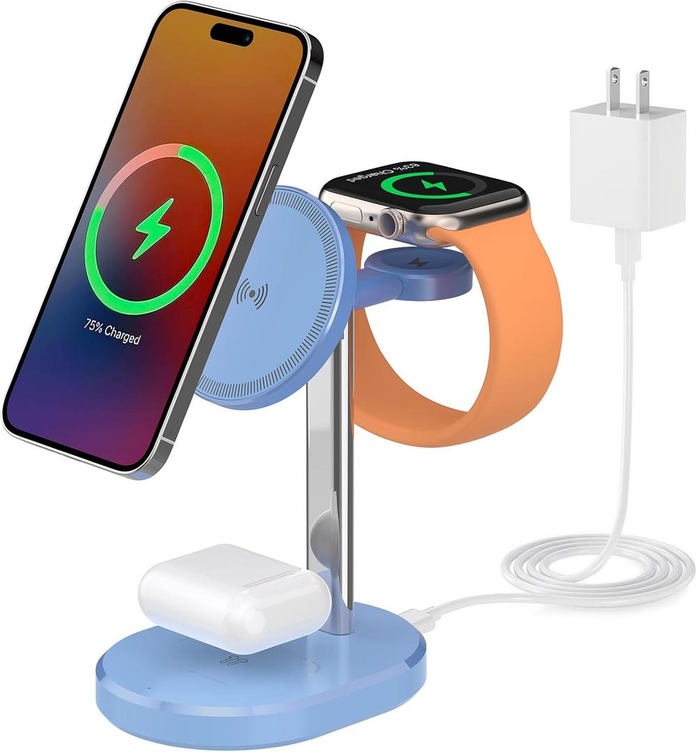 3 in 1 Wireless Charging Station,Detachable Apple Watch Charger & 15W Charger Stand for MagSafe for iPhone, Wireless Charger for Multiple Devices iPhone 16/15/14/13&Watch&AirPodsBlue