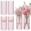 Ninehaoou 6 Pcs 8 Inch Tall Glass Ribbed Cylinder Vases Clear Floating Candle Flower Vase in Bulk, Hurricane Candle Holder for Wedding Housewarming Gift Table Centerpieces(Pink)