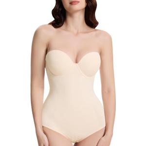 Decorus Seamless Strapless Shapewear Bodysuit - Tummy Control Sculpt Body Shaper : Cupped with Removable Straps (Medium, Beige)