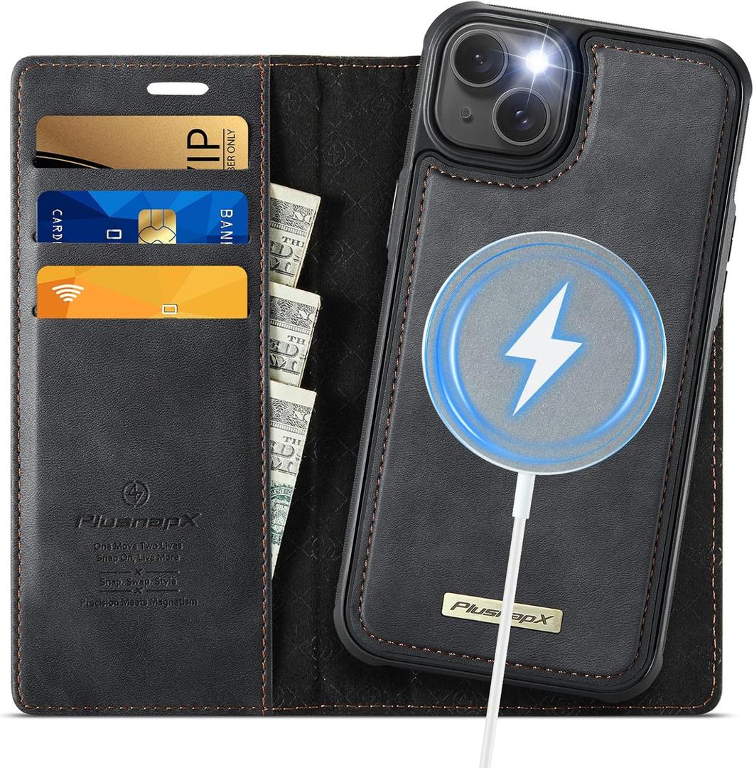 Wallet Case for iPhone 15 Plus Compatible with Magsafe, 2-in-1 PU Leather Flip RFID Blocking Card Holder Stand Shockproof Magnetic Detachable Cover for iPhone 15 Plus Case 6.7", Black