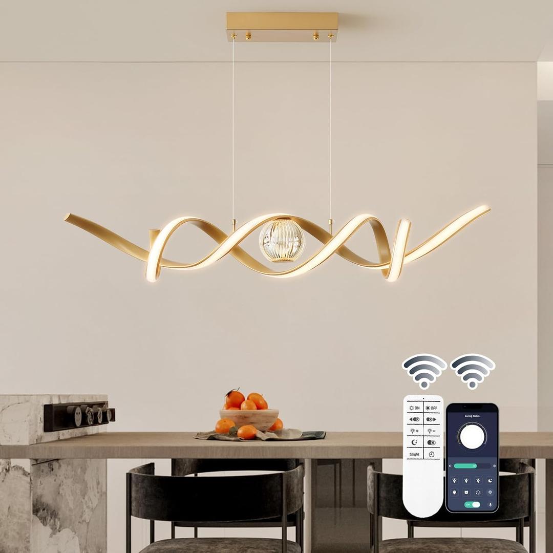 ORANOOR LED Modern Chandeliers for Dining Room, 39in Dimmable Gold Chandelier Kitchen Pendant Lighting Over Island, Linear Wave Spiral Pendant Light Fixtures Dining Room Lights Ceiling Hanging, 36W
