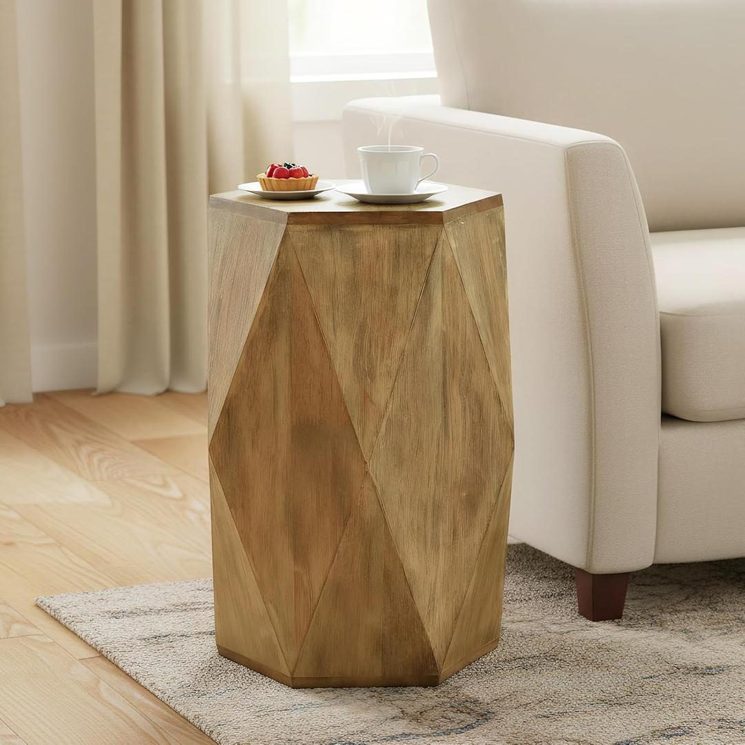 Hexagon Side Table, End Table for Small Space, Fully Assembled Coffee Table with Gold Geometric Design & Wave Pattern, Nightstand for Living Room, Bedroom, Office, 18 Inch