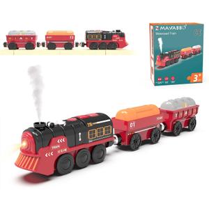 Toy Train Electric Train Set for Wooden Tracks, Christmas Motorized Train Toys for Toddlers, Battery Operated Train Includes Lights, Sounds, Smoke, Steam Train Compatible with Thomas, Brio, Small to Medium