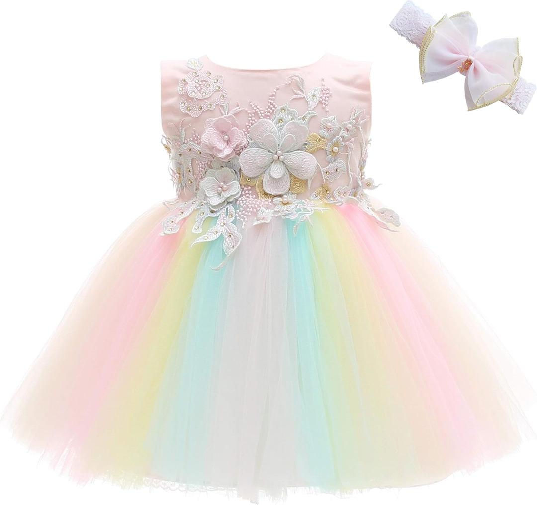 Weileenice Baby Girls Wedding Dress Rainbow Tulle 3D Embroidery Princess Tutu Dresses Size 24