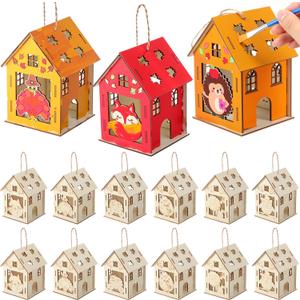 DoubleFill 12 Pcs Fall Wooden House Craft Kits for Kids Adults Make You Own Fall House Thanksgiving DIY Unfinished Painting Turkey Arts and Crafts Kits for Autumn Party Supplies Decoration