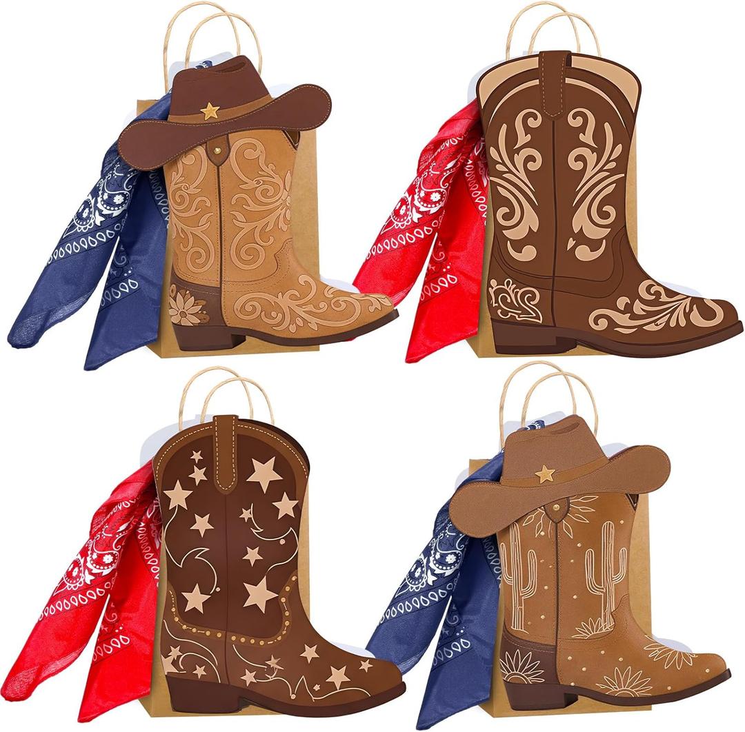 Tinlade 24 Sets Cowboy Boots Paper Bags with Paisley Bandanas Western Party Decorations Wild West Kraft Gift Bag Rodeo Cowgirl Boot Hat Goodie Bag for Bachelorette Baby Shower Last Rodeo Party