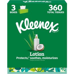 Kleenex Lotion Facial Tissues with Coconut Oil, 3 Flat Boxes, 120 Tissues Per Box, 3-Ply (White)