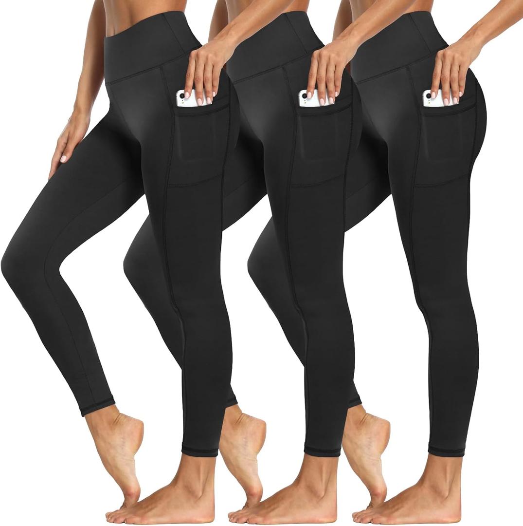 3 Packs Leggings with Pockets for Women, Soft High Waisted Tummy Control Workout Yoga Pants (Large-X-Large)