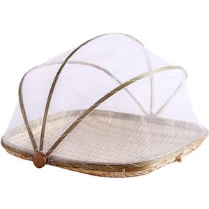 Food Bamboo Food Serving Tent Basket Hand-Woven Basket Serving Dustproof Picnic Basket Vegetable Fruits Bread Home Square Storage Basket with Mesh Gauze Cover Container