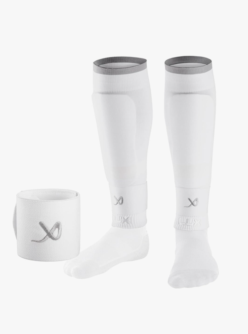 LUX Soccer Sleeves w/FREE Guard Stays for Men/Boys/Youth Compatible w/Soccer Grip Sock, White, M