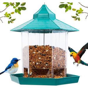 Hexagon House Bird Feeder - Squirrel Proof & 1000ml Large Capacity, Auto-Dispense Seed for Cardinals/Finches, Outdoor Hanging with Drain Holes (one Green)