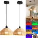 Battery Operated Pendant Light Set of 2,Rechargeable Hanging Light 50 Hours Long Battery Life, RGB Color-Changing Chandelier Boho Woven Rattan Pendant Light Ideal for Indoor Lighting