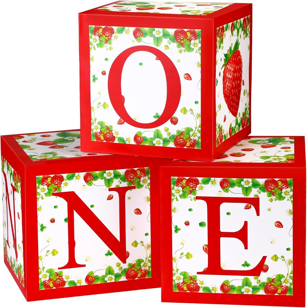 Spakon Strawberry One Balloon Boxes Shortcake Birthday Party Decorations 1st Birthday Party Supplies Strawberry Balloon Blocks Backdrop for Girl Berry First Birthday Supplies