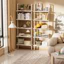 aboxoo Ladder Shelf 2 PCS White Bookshelf 5-Tier Wooden Open Shelf Wall-Mounted Wood Rack Industrial Modern Plant Flower Stand Utility Organizer Bookcase Metal Frame Furniture Office Kitchen Bedroom
