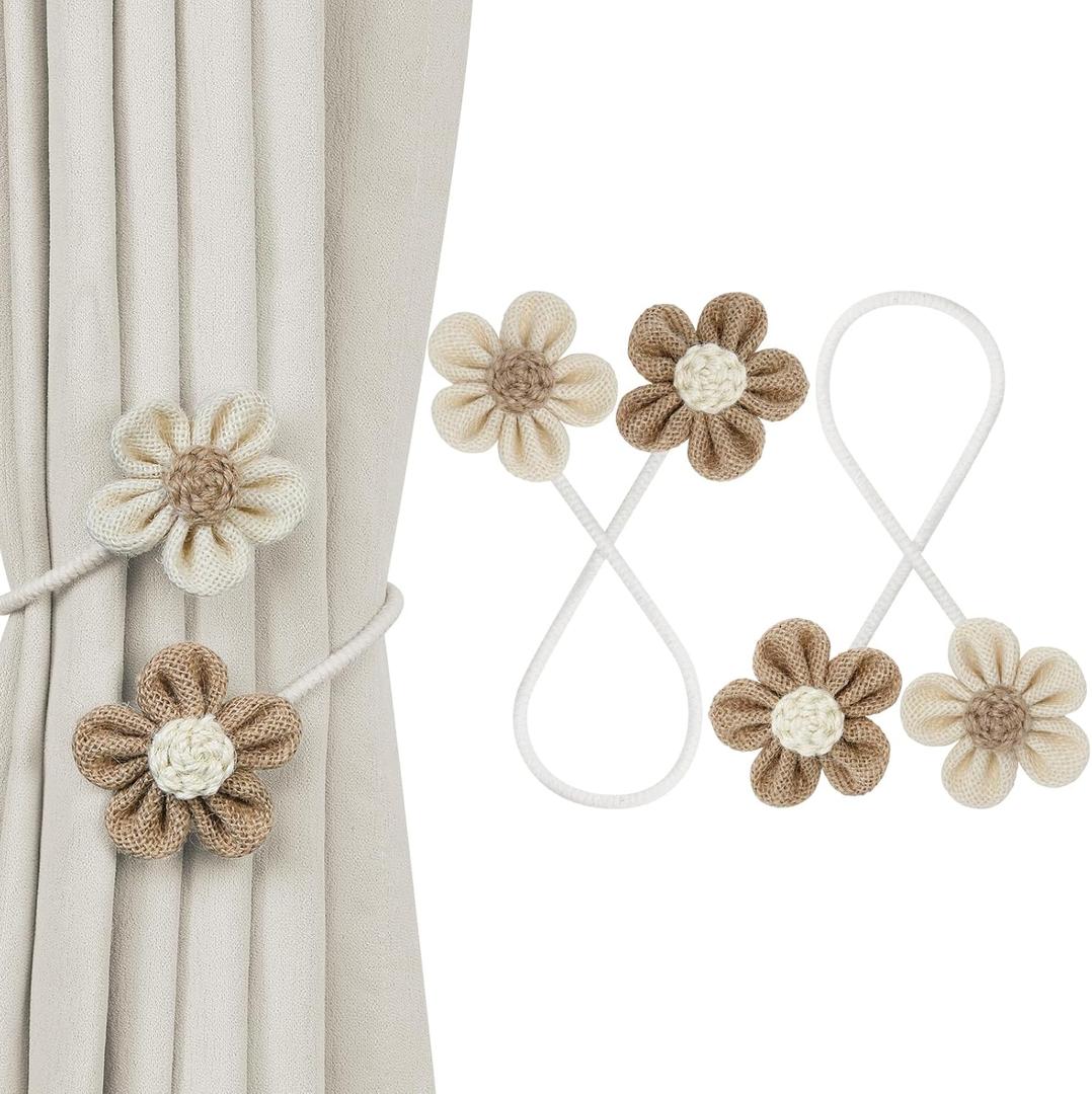 KLOGTSIND Flower Curtain Tiebacks, 2 Pack Boho Curtain Ties Elegant DIY Curtain Holdbacks, Decorative Window Drape Twist Tie Backs for Bedroom Decor, Nursery Decor, Farmhouse Decor