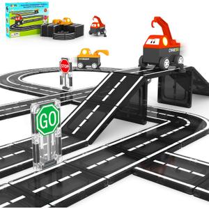 Magnetic Tiles Roads Engineering Vehicle Set, Magnetic Blocks Road Truck Car Toys for 3 4 5 6 Year Old Boys Girls, Cars Games Classroom Montessori Toys for Kids, Educational STEM Toy Birthday Gifts (Color-2)