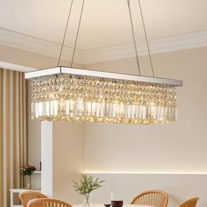 Modern Rectangle K9 Crystal Chandelier for Dining Room 6-Light Contemporary Rectangular Pendant Light Fixture for Living Room Kitchen Island Foyer Entryway Office Chrome L31.5 x W9.8 x H8.26