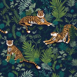 VaryPaper Jungle Tiger Peel and Stick Wallpaper Tropical Leaf Wallpaper for Bedroom Bathroom Self Adhesive Removable Animal Wall Paper Decorative Contact Paper for Walls Cabinets Drawers 17.7''x78.7'' (Navy Blue, Green, Orange)