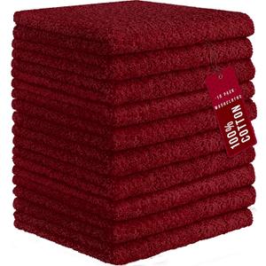 DecorRack 10 Pack 100% Cotton Wash Cloth, Luxurious Soft, 12 x 12 inch Ultra Absorbent, Machine Washable Washcloths, Red (10 Pack)
